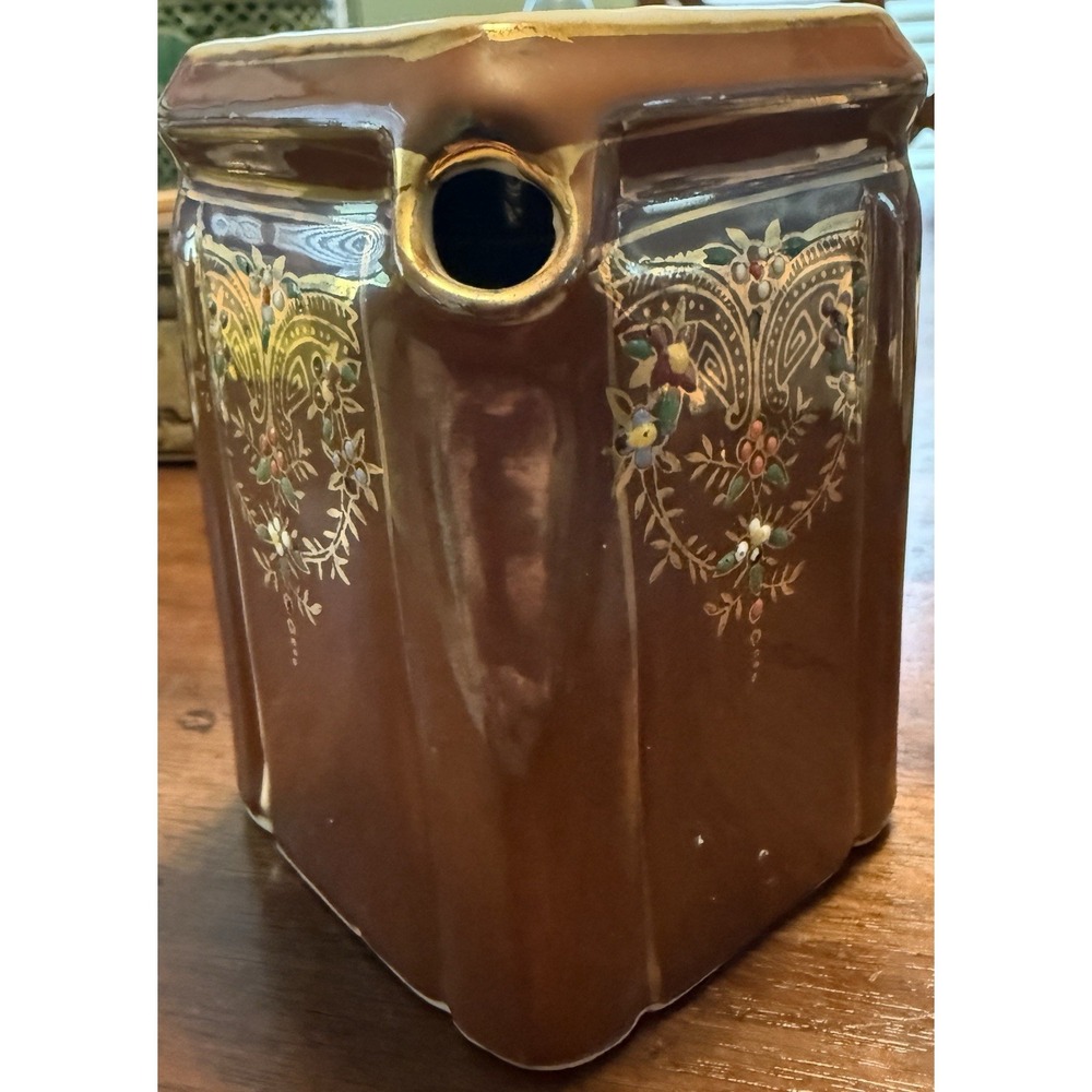 Vintage Brown Rectangular Japanese Teapot Hand painted Florals